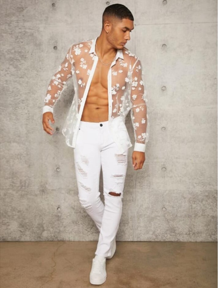 Men's Floral Print See Through Long Sleeve Button Up Plain Shirt